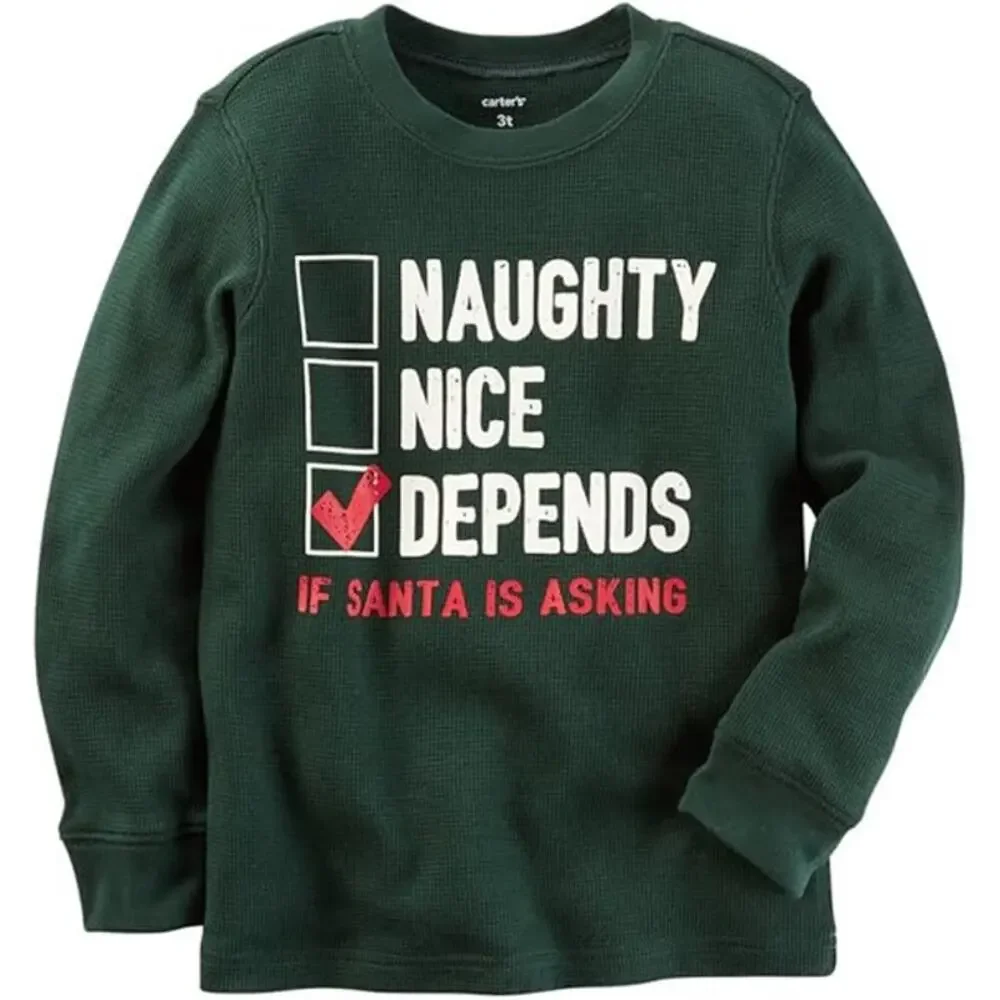 Carter's Boys Green Naughty Nice Santa's Checklist Thermal Shirt Kids Size 6